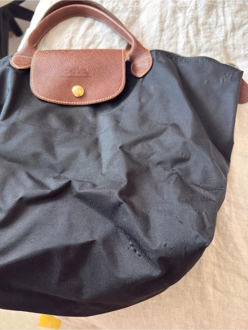 Longchamp Black Nylon Tote with Brown Leather Trim